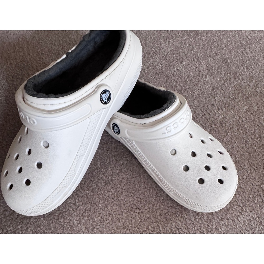 Crocs Classic Lined Clog White Charcoal Grey Faux Fur M6 W8 203591 Slippers